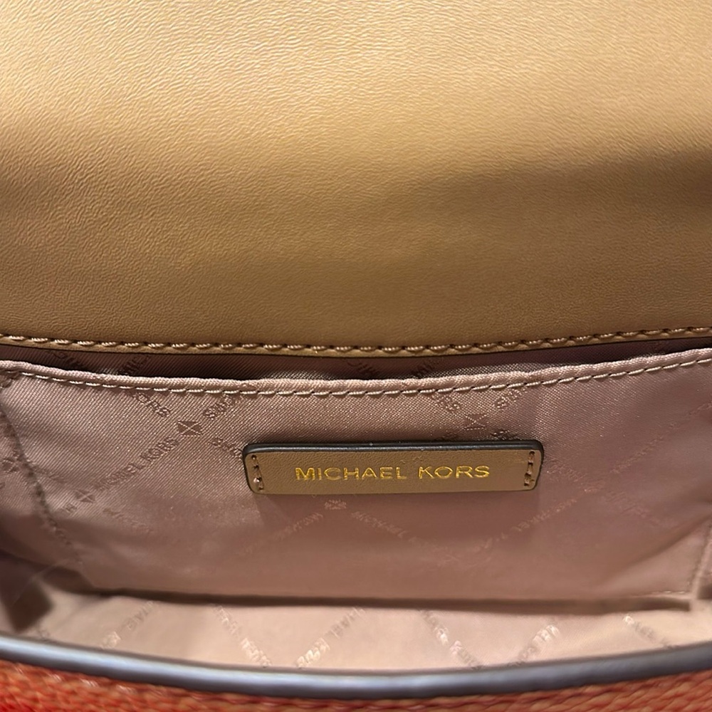 Price Firm Michael Kors Samira Tan Gold Studded Leather Flap Messenger Crossbody - Picture 11 of 13